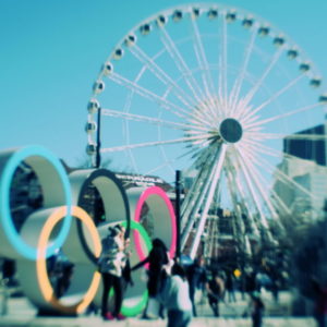 centennial olympic park atlanta georgia olympic rings and ferris wheel skyview atlanta